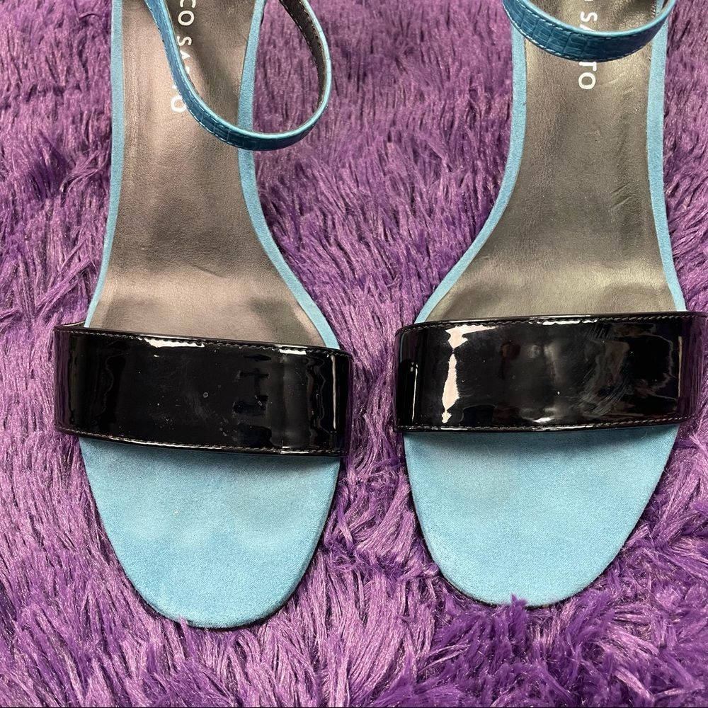 Franco Sarto Double Ankle Strap Stiletto Heel Blue Suede & Black Patent Leather - Picture 3 of 8